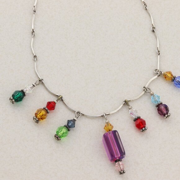 Sterling Silver Beaded Multi Color Necklace 16 inch Chain - Picture 10 of 10